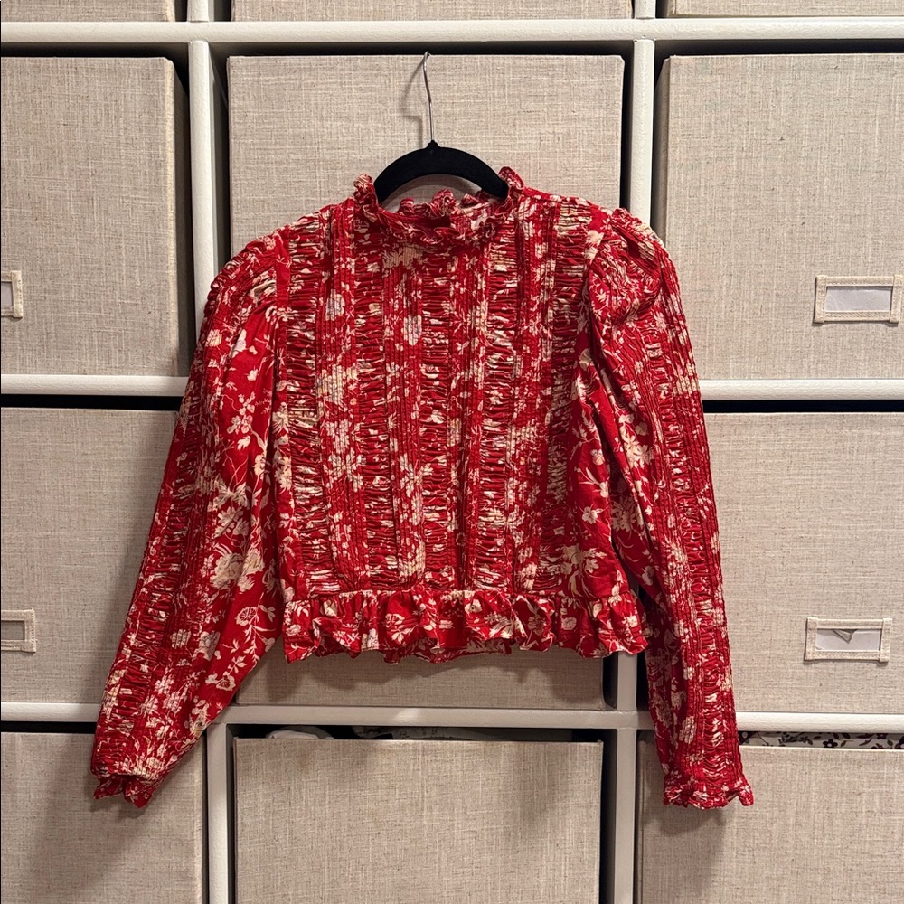 Doen Red Floral Cotton Blouse with White Print